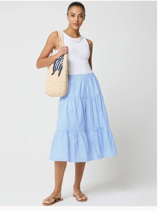 J Crew Factory Tiered midi skirt Sail Blue Stripe Pull on Cotton Preppy Size M - Picture 1 of 13